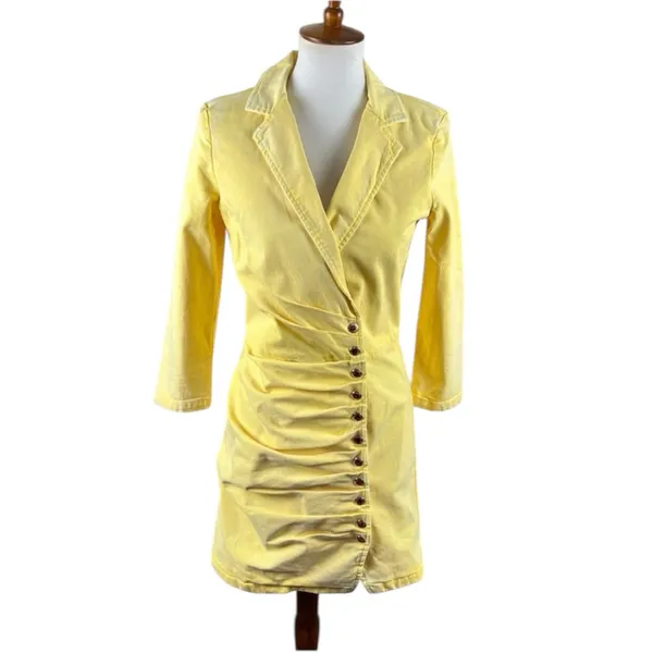 Retrofête Willa Yellow Denim Mini Dress Ruched Button Front Italy M - Image 2