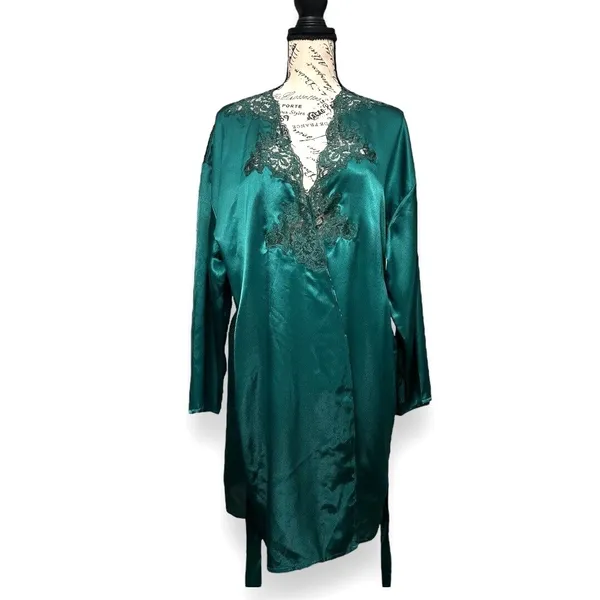Victorias Secret Vintage Emerald Satin Lace Kimono‎ Robe Gold Label Old Money - Image 5