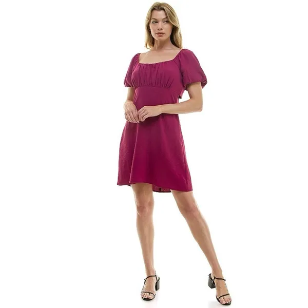 Lily Rose Womens Ruched Bust Puff Sleeve Tie Back Mini Dress Berry Purple Small - Image 6