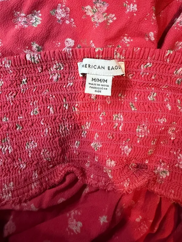 American Eagle Red Floral Mini Dress Size M Ruffle Lace Up Smocked Back Sundress - Image 6