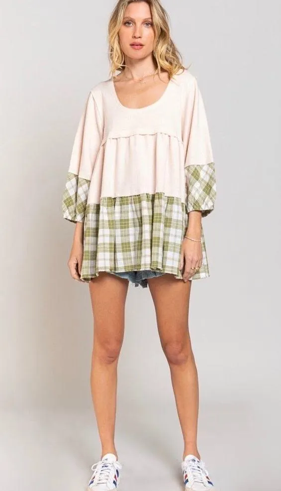 Shades Of Fall 3/4 Sleeve Plaid Rib Knit Tiered Tunic Balloon Sleeve Women’s Med - Image 4