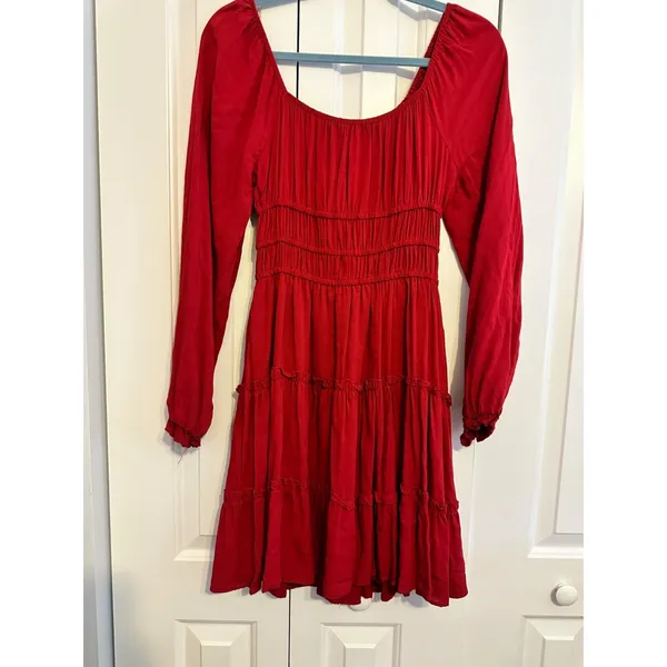 Altar'd State Mini Dress Cottagecore Red Smocked Tiered Long Sleeve‎ Medium NWT - Image 7