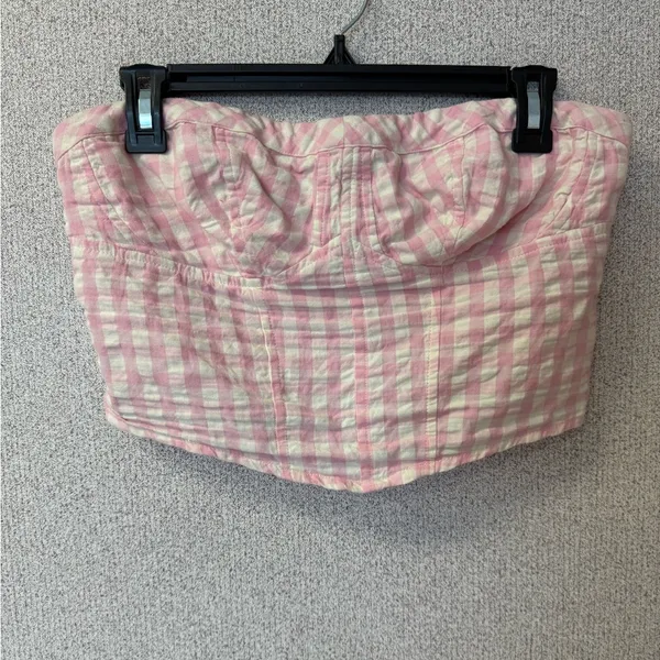 Free People Women Large Leilani Cotton Gingham Tube‎ Top Pink Y2K Cottagecore - Image 2