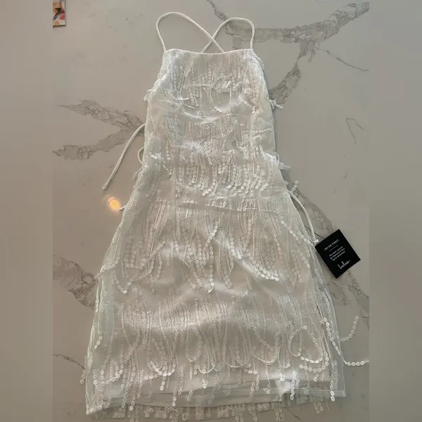 Lulu’s Making Magic White Fringe Lace-Up Mini Homecoming Dress - Image 2
