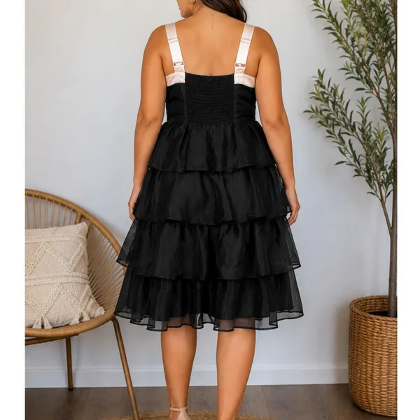 NEW Lulus Black Glamour Organza Tiered Cream Oversized Bow Midi Cocktail Dress - Image 2
