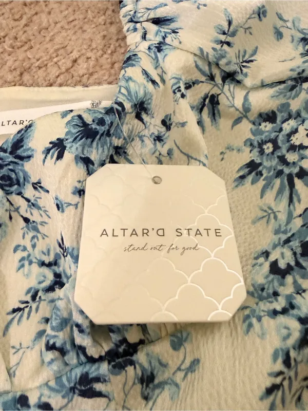 Altar’d State NWT Blue Floral Puff Sleeve Babydoll Mini Dress Medium Cottagecore - Image 9