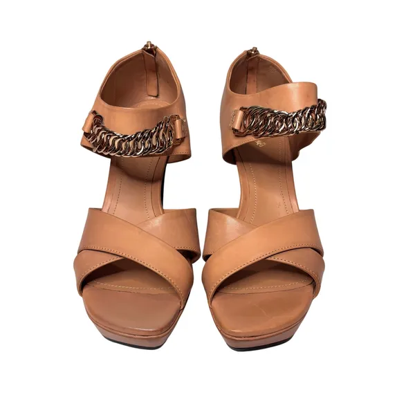 Tod’s Tan, Nude Leather Gold Chain Link Platform Heeled Sandals 39 - Image 3