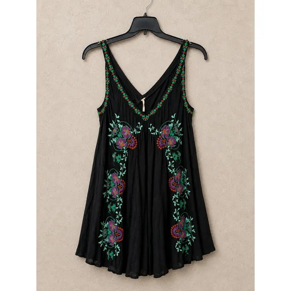 Free People Womens Mini Dress Medium Black Boho Embroidered V-Neck Sleeveless - Image 2