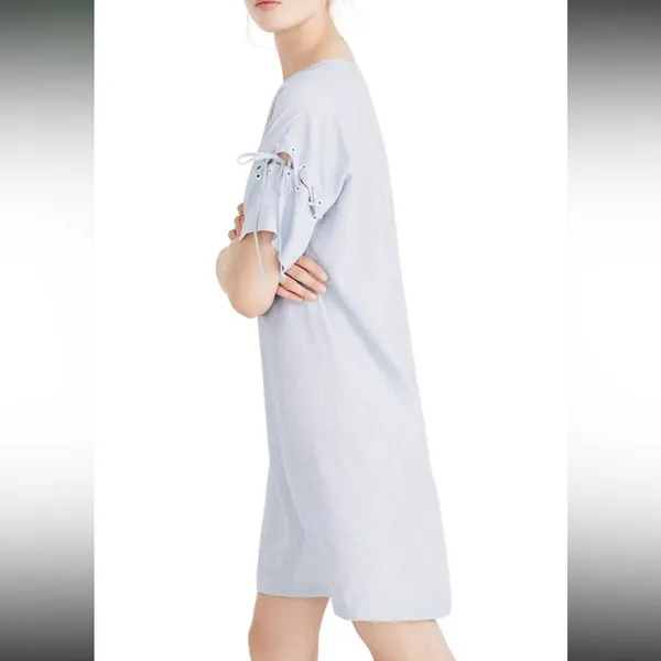 Madewell Blue Cold Shoulder Flutter Sleeve Stripe Laced up Dress coastal chic‎ M - Image 2