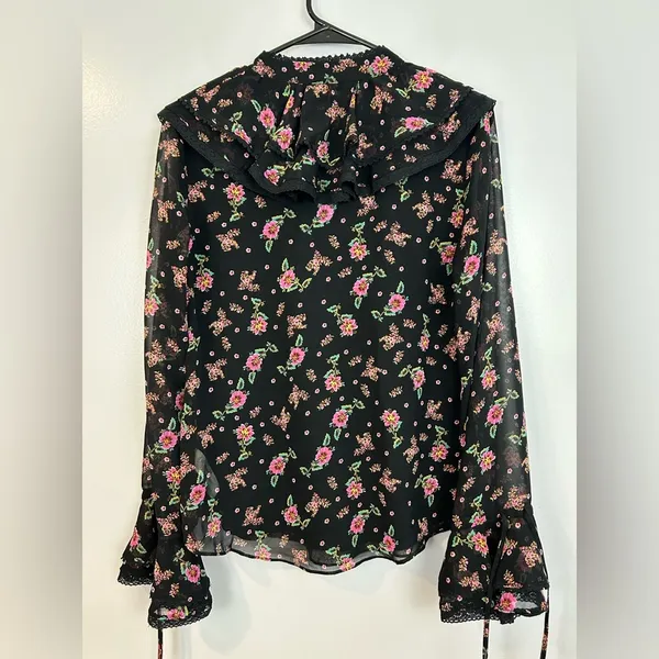 Rebecca Minkoff Devy Black/Pink Floral Ruffle Bell Sleeve Blouse Size Small - Image 9