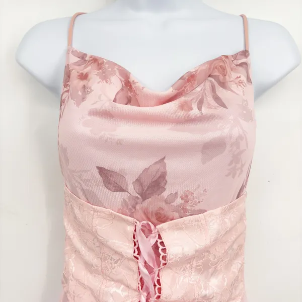 Womens Pink Pastel Floral Lace-up Corset Ruffle Coquette Fairy Maxi Dress Size S - Image 4
