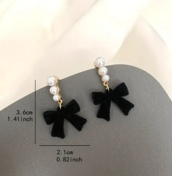 NEW Elegant Black Bow Dangle Earrings with Faux Pearl Accents, Trendy Earrings - Image 4