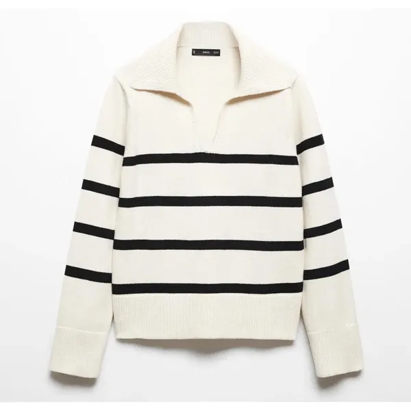 Mango Women's Cream and Black Striped V-Neck‎ Sweater with Collar - Image 5