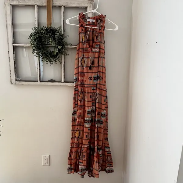 Christophe Sauvat Boho Southwestern Geometric Tassel Rust Maxi Dress Size S‎ - Image 2