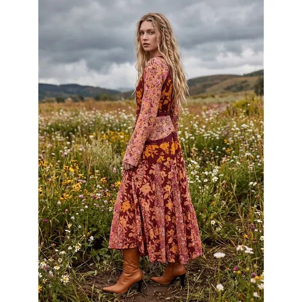 Free People Bohemian Retro 70s Gypsy Floral Tilda Maxi Dress Size Small - Image 3