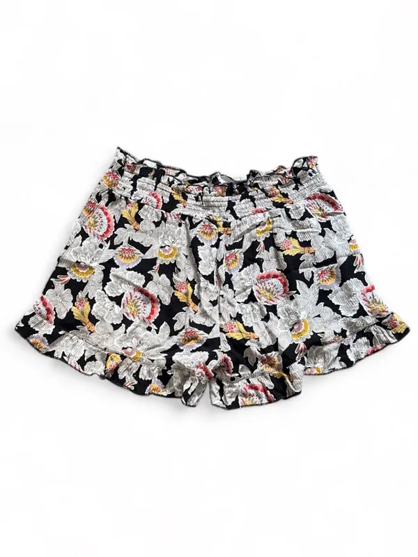 Black Floral Ruffle Hem Boho Shorts Womens Sz M Hippie Flutter Elastic Waistband - Image 2