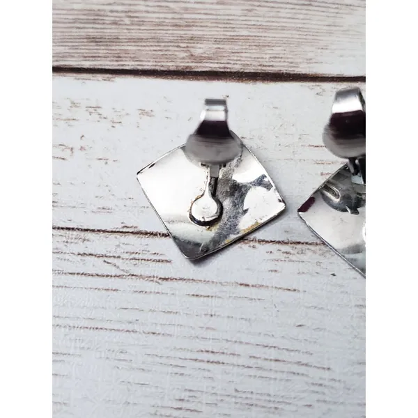 Vintage Clip On Earrings - Silver Tone Diamond Shape with Design - Image 4