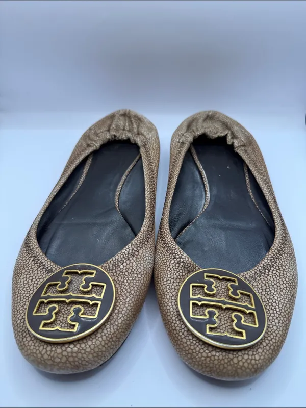 Tory Burch Reva Stingray Ballet Flats Bronze Brown Logo Flats Size 10 *PROJECT - Image 3