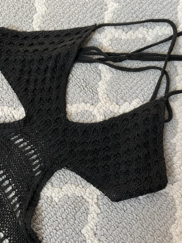 SheIn Crochet Backless Cutout Black Coverup Mini Dress - Image 7