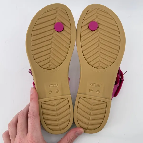 Crocs Tulum Toe Post Sandal Flip Flop Fuchsia Pink Tan Women 8 Buckle Straps - Image 7