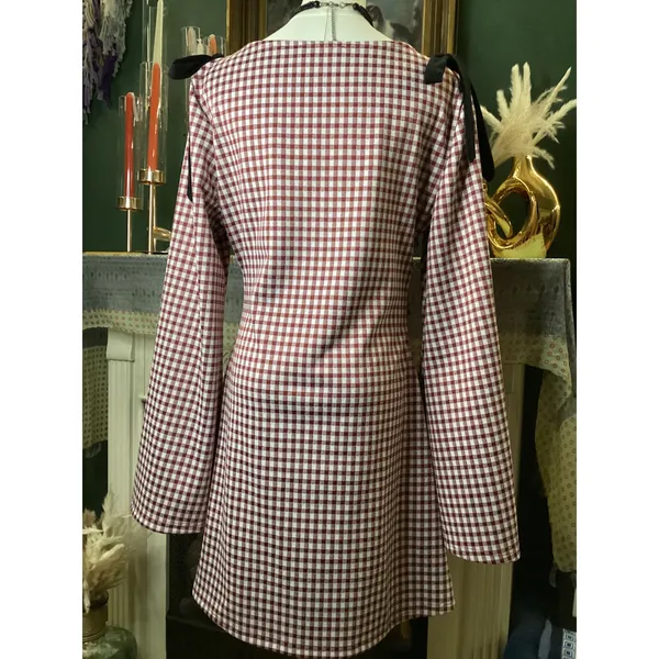Cider Burgundy Gingham Bow Shoulder Long Sleeve Mini Dress XL - Image 3