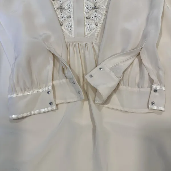 Tory Burch Size-8 Silk Embellished Blouse 3/4 Sleeve‎ Top Ivory - Image 9