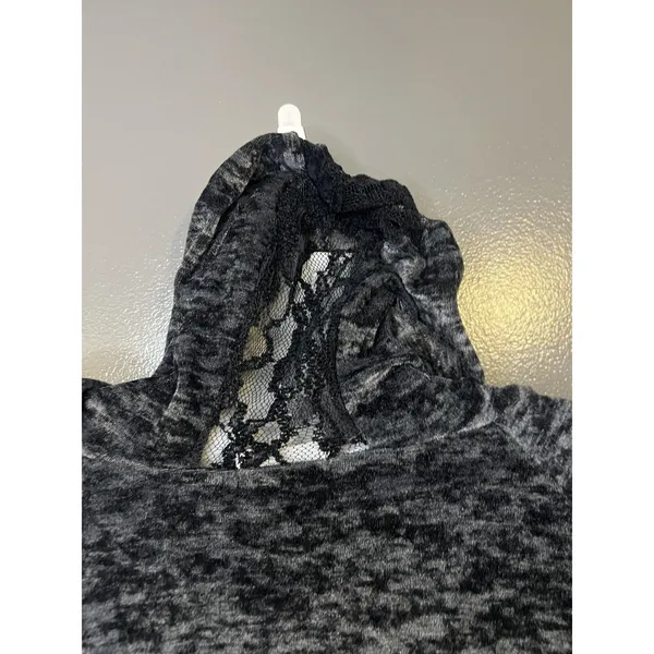 Vine Street Tunic Top Womens Medium Gray Velour Hooded Lace Hem Long Sleeve - Image 8