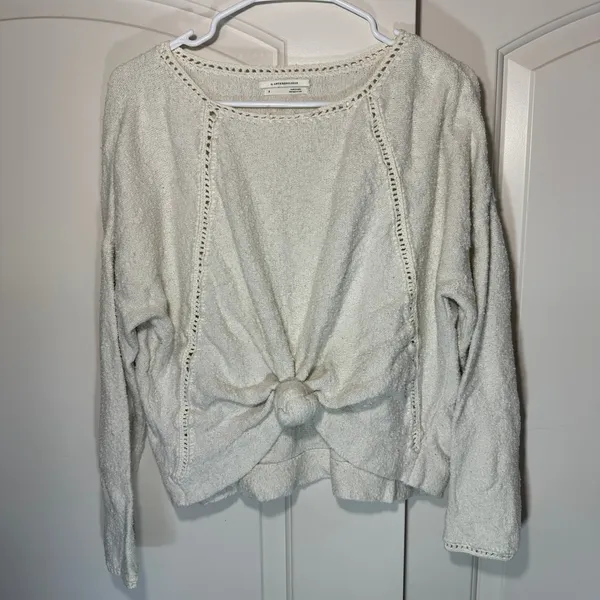Anthropologie Sweater Women Small Cream Front Tie Knot Crochet Lace Cotton Blend - Image 2