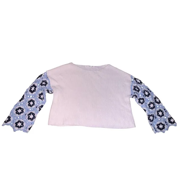 Altar'd State Granny Square Crochet Sleeve Boho Sweater XXS White‎ Blue - Image 2