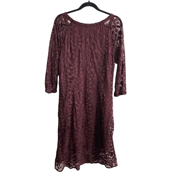 Garnet Hill Lace Dress Women 14 Burgundy Floral Leaf Scoop Neck 3/4 Sleeve Shift - Image 5