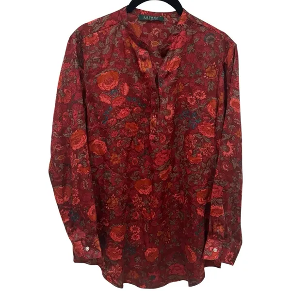 Lauren Ralph Lauren Multicolor Floral Satin Like Long Sleeve Blouse Size‎ M - Image 2