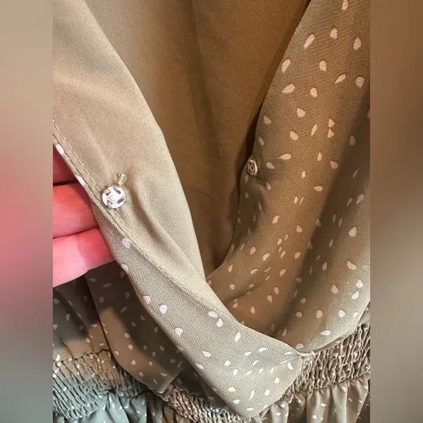 Bloomchic Wrap Shirred Waist Dress Sage Green Polka Dot Lantern Sleeve Size 12 - Image 3