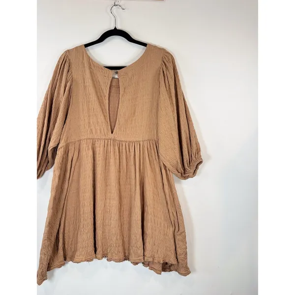 Free People Beach Dress Brown Get Obsessed Babydoll Mini Puff Sleeve A Line XS - Image 9