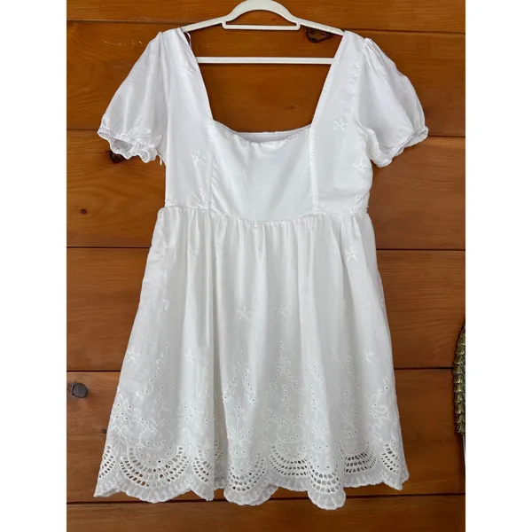 Lulus More Than Sweet White Eyelet Embroidered Puff Sleeve Mini Dress Cocktail L - Image 5