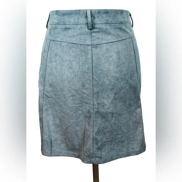 She + Sky Faux Suede Mini Skirt Womens Large‎ Blue Button Front A-Line Indie - Image 3
