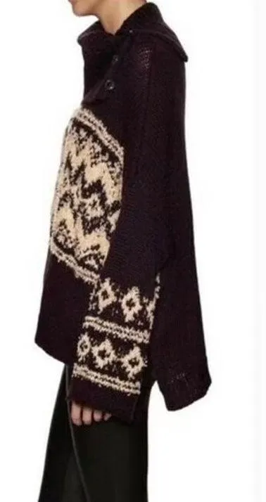 Free People Brown Fair Isle Split Turtleneck Wool Knit Winter Sweater M - Image 2