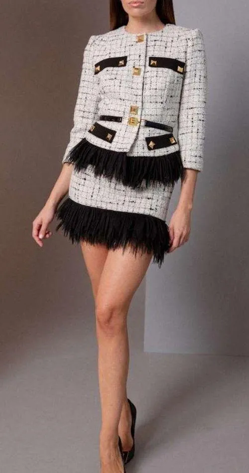 Ivory And Black Cropped Tweed Jacket & Skirt Set NWT - Image 2