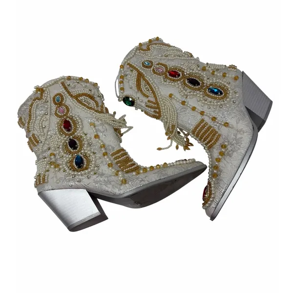 Azalea Wang Astounding White Jewel Beaded Pearl Western Cowboy Boots Size 6 - Image 6