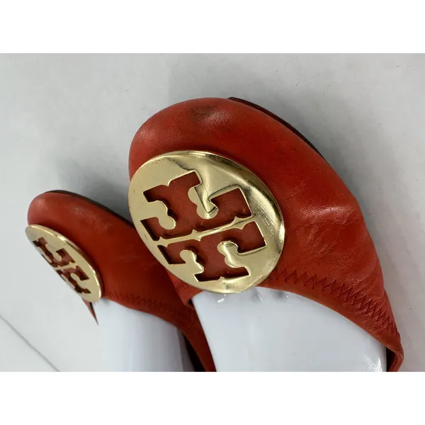 Tory Burch Flats Sz 8 Minnie Travel Orange Logo Office Classic Gold Logo Leather - Image 3