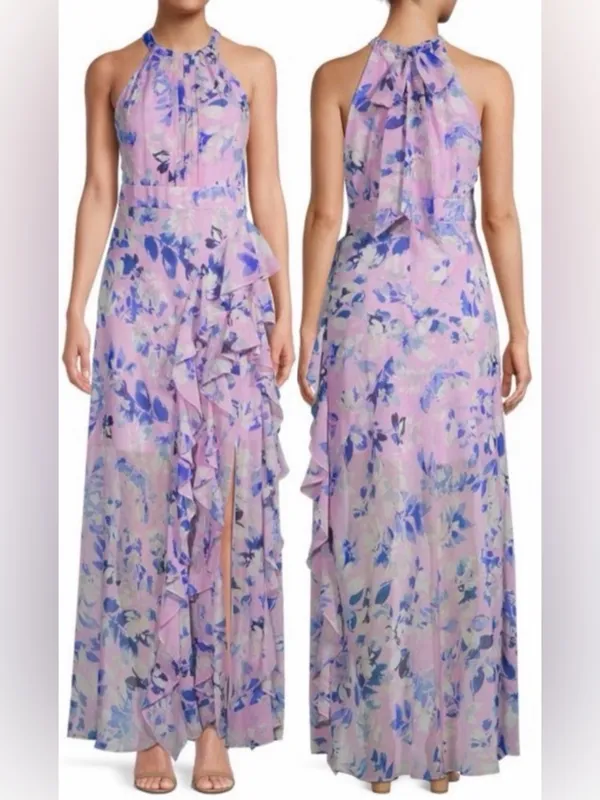 NEW ELIZA J Purple Floral halter ruffle maxi Sun Dress sz 6 - Image 2