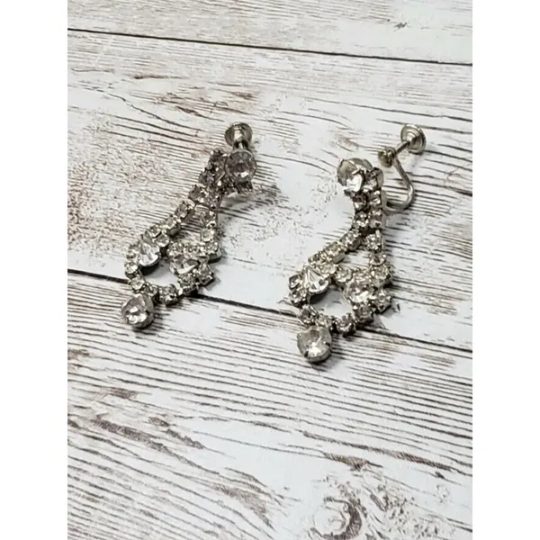 Vintage Screw On Earrings - Dangle Earrings - Clear Gem - 1.75" - Image 2