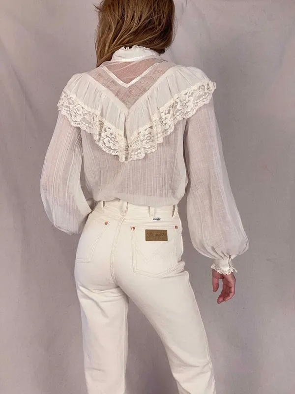 70s Gunne Sax Gauze Edwardian Lace Ruffle Blouse Victorian‎ size 11 - small - Image 9