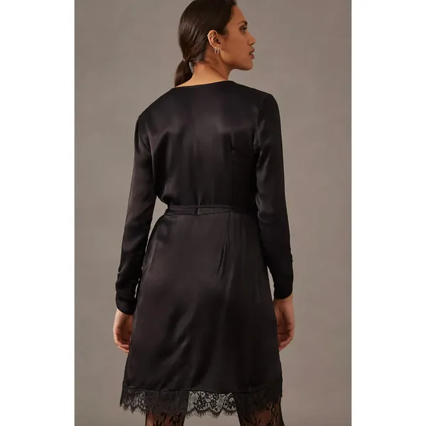 Anthropologie Lace Trimmed Wrap Dress Viscose Satin Long Sleeve Black XS NWT - Image 2