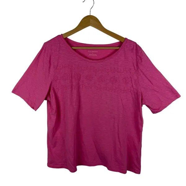 Talbots Floral Embroidered Pink Slub Cotton‎ Tee Size XL Preppy Stretch Colorful - Image 2