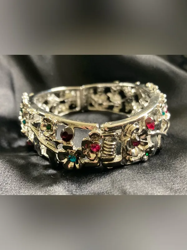 Silver Floral Bangle Bracelet w/ Pink, Green and Teal Crystal Accents - Image 4