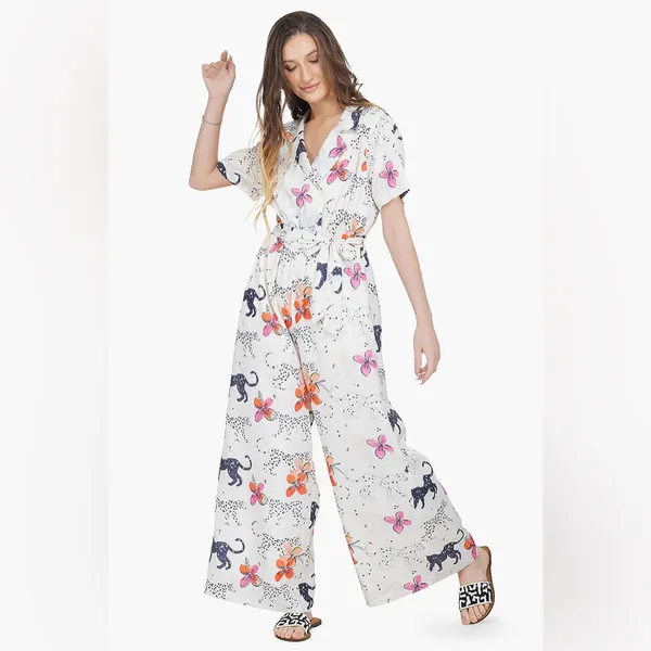 America and Beyond Jaguar Floral Silk Blend Jumpsuit Boho Resort Vacation Large - Image 3