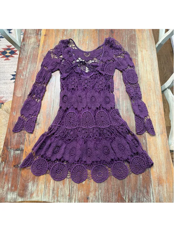 Free People Purple Crochet Lace Mini Dress Double Tie Back Tassel Bell Sleeve Sm - Image 12
