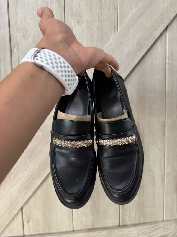 Franco Sarto Black Leather Platform Loafers with Crystal Chain - Image 4