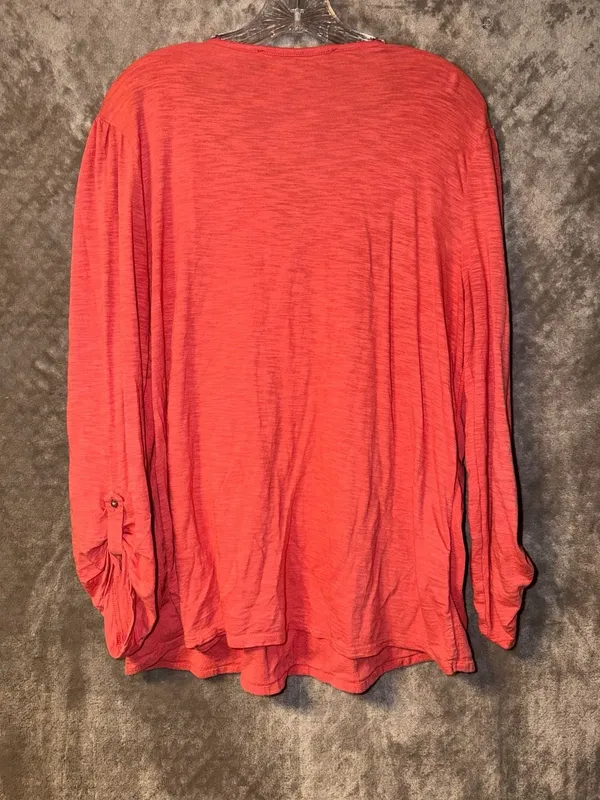 Gloria Vanderbilt Zuri Roll Up Sleeve Blouse Size L Coral Pink Crochet - Image 8
