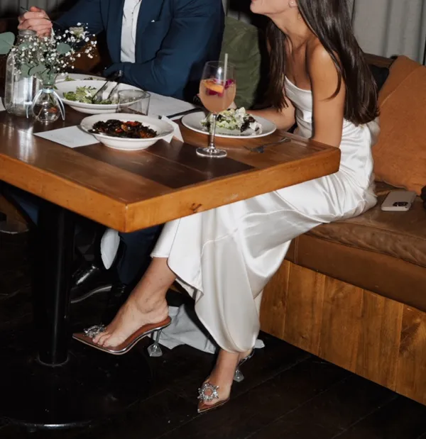 Rehearsal Dinner white satin dress with open back - Image 6